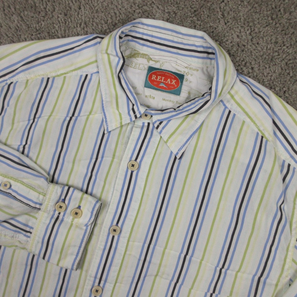 Tommy Bahama Shirt Mens Large White Blue Green Striped Cotton Relax Button Up